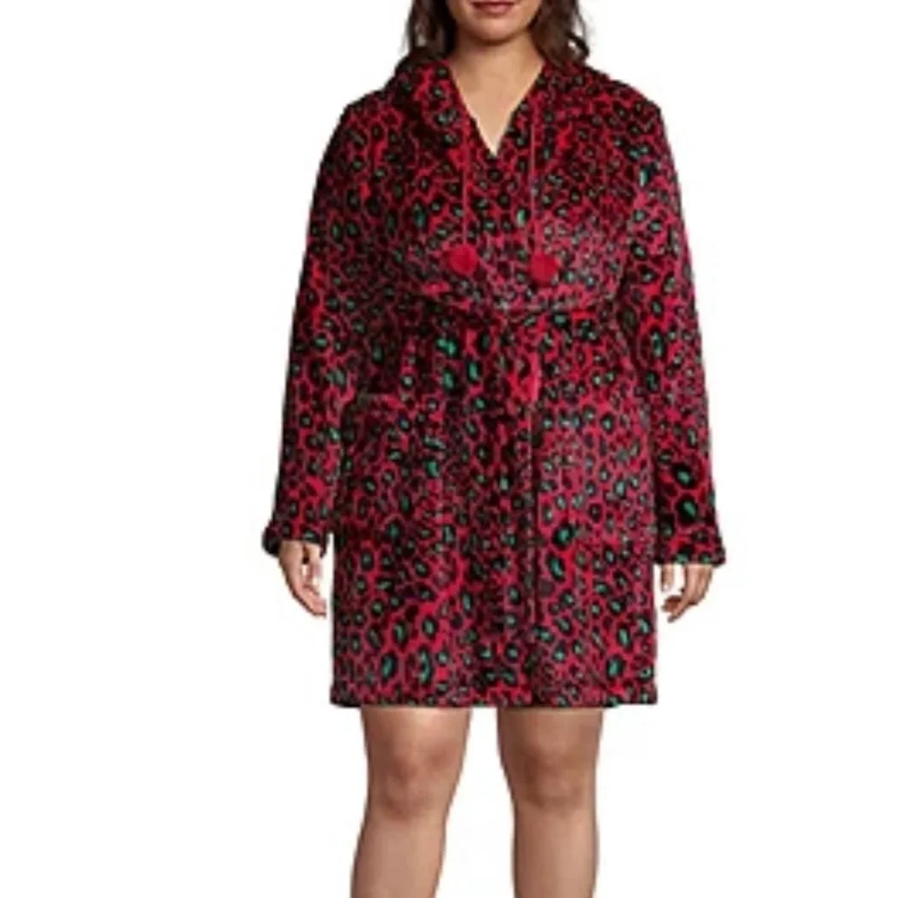 🔥 Sleep Chic NWT Plush Short Robe XXL Red Green Animal Print